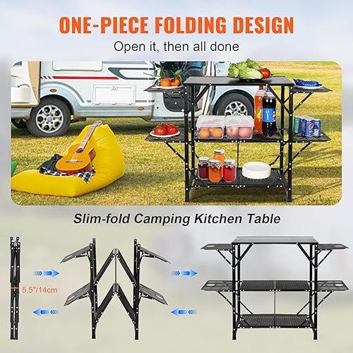 Miniatura 6 de VEVOR Mesa de cocina de campamento, estación de cocina portátil plegable de aluminio con 4 lados de hierro, 2 estantes y bolsa de transporte,