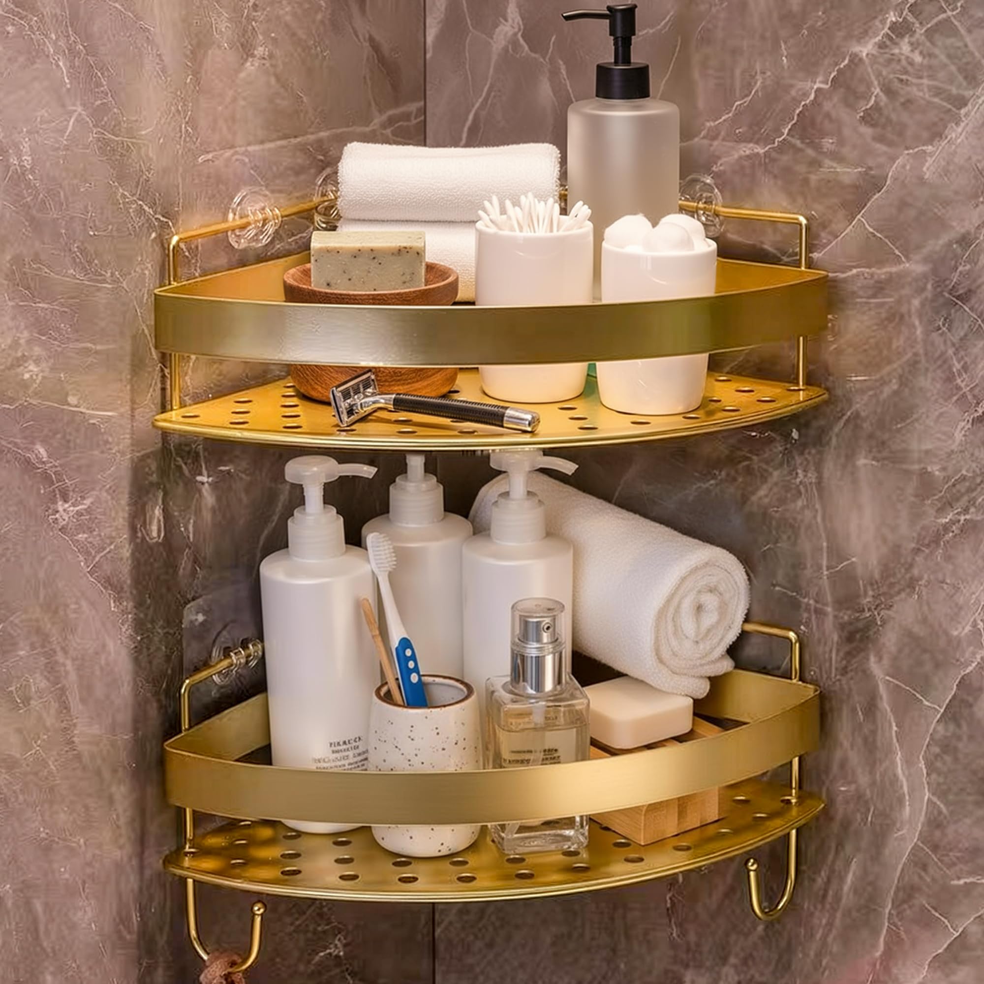 Eck Duschregal Gold, 2 Stücke Edelstahl Duschcaddy mit 4 Haken, Klebe Duschablage Ohne Bohren, Dreieckiges Badregal Zur Aufbewahrung Für Dusche Und Toilette