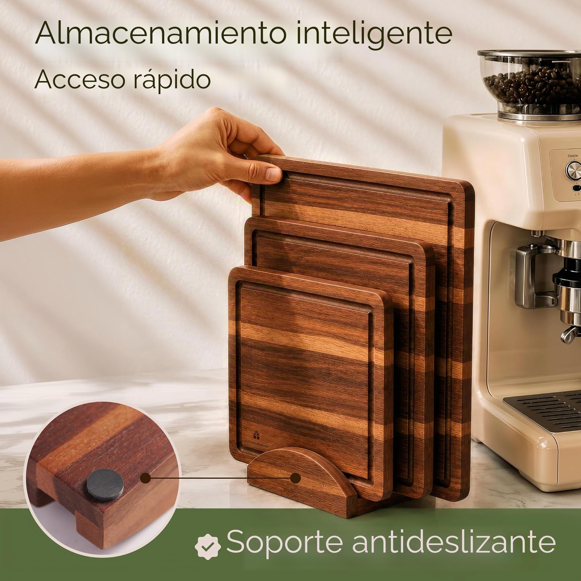 Tablas de Cortar Madera de Acacia, Juego de 3 con Soporte y Asas