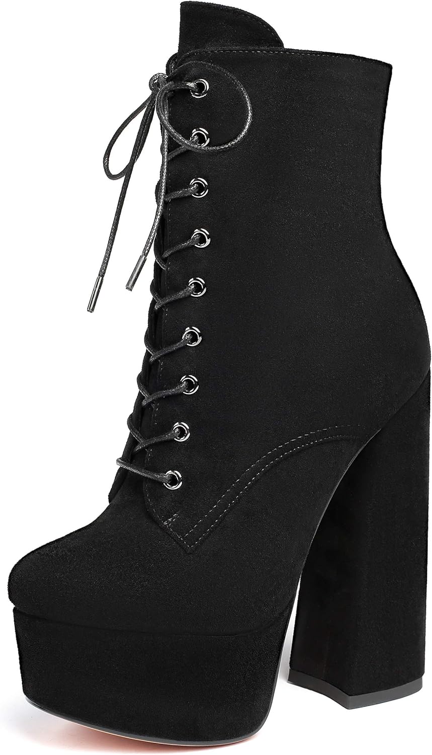 SAMMITOP Women's Round Toe Chunky Heel Boots Platform Lace Up Animal Print Ankle Boots