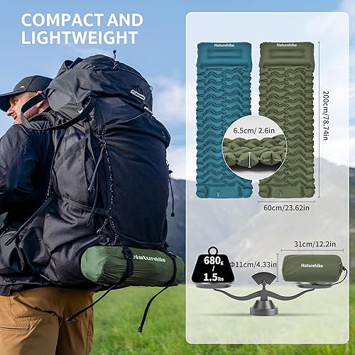 Miniatura 3 de Naturehike Colchoneta inflable ultraligera para dormir con almohada incorporada, colchón de aire ligero de 2.6 pulgadas para mochileros, senderismo,