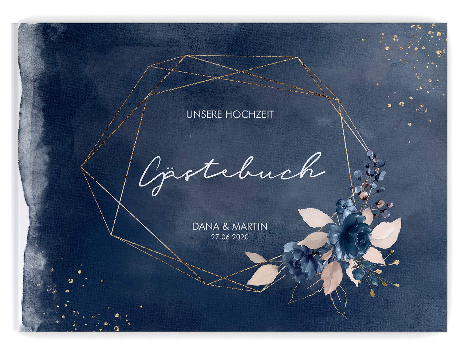 Gästebuch zur Hochzeits - PERSONALISIERT mit Namen & Datum - Hardcover Buch, 104 Seiten, DIN A4 quer | Hochzeitsgästebuch (Inhalt mit Fragen, Watercolor Breeze Blau)