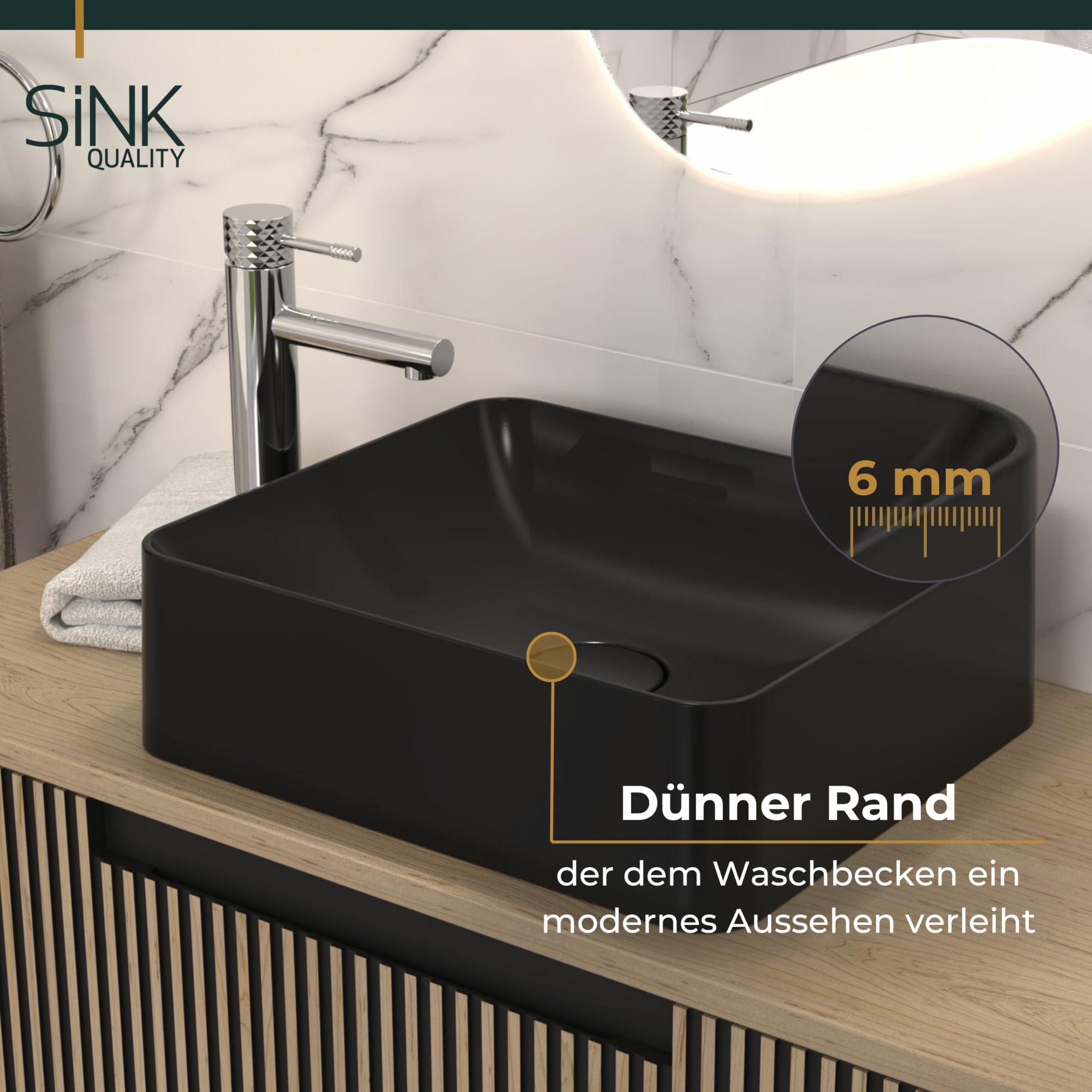 SINK Quality Umywalka nablatowa z otworem armaturowym 45 x 39 cm, czarna matowa – umywalka prostokątna z kompozytu kwarcowego S-QUARTZ, duża umywalka do łazienki, z pokrywą odpływu i zestawem syfonu