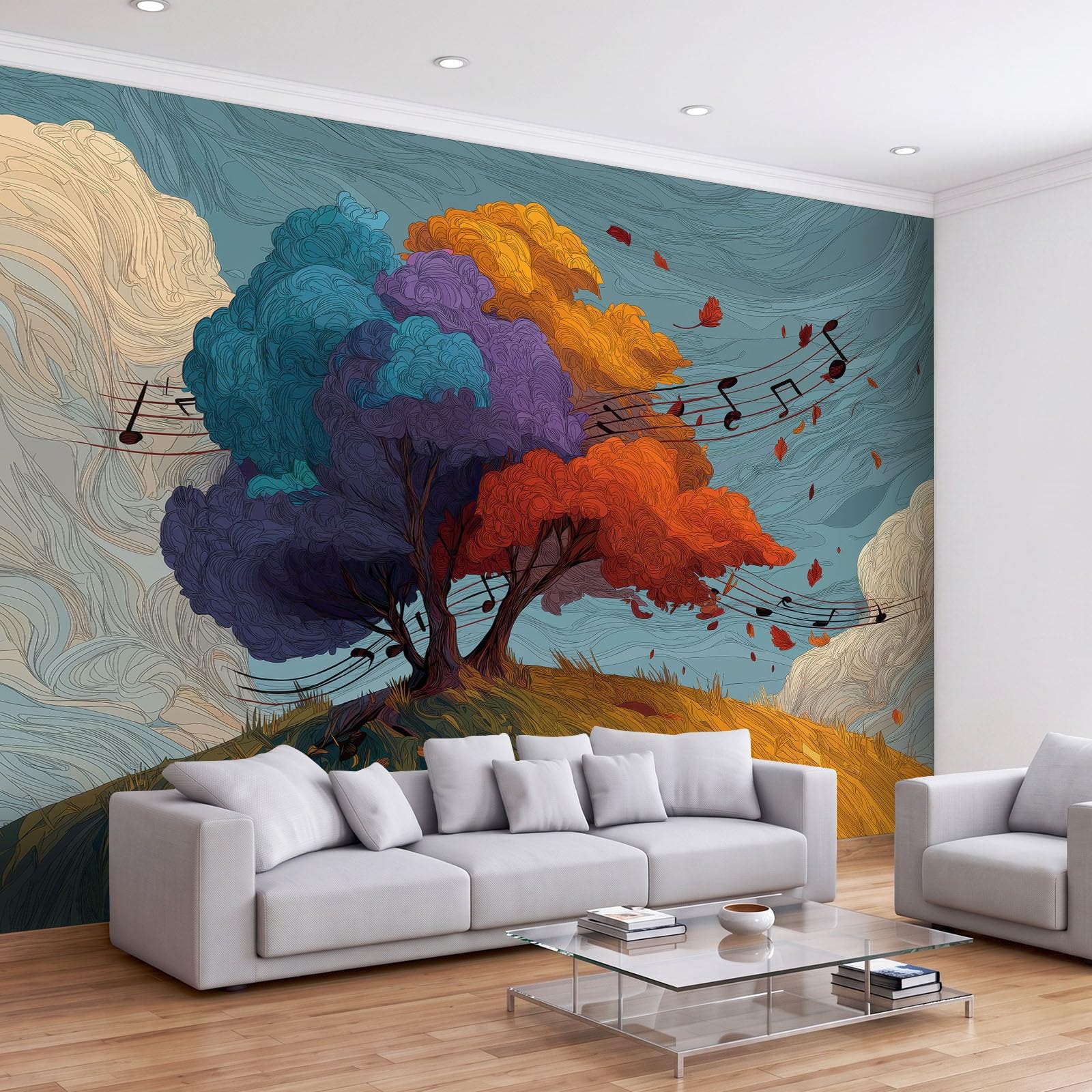 Graffiti, ulica, panoramiczna tapeta, fototapeta, 200 szer. x 140 cm, fantazyjna sztuka, nuta muzyczna, drzewo botaniczne, plakat ścienny, tapeta do salonu, sypialni, przedszkola, pokoju zabaw, efekt