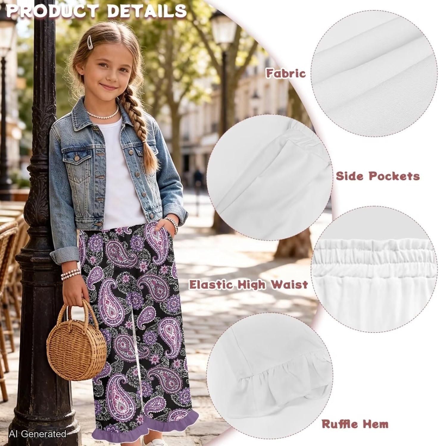 Wanyint Girls' Wide Leg Pants with Ruffle High Waisted Long Trousers Pants Fashion Outfits Loose Bottoms for 5-14 Years
