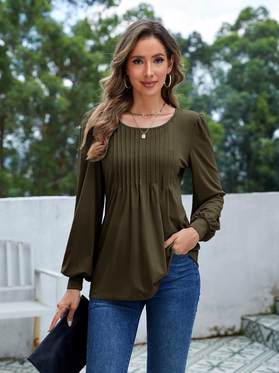 Long Sleeve Shirts For Women Fall Fashion 2025 Womens Tunic Tops Pleated Crew Neck Puff Sleeve Blouses Dressy Casual - Image 2