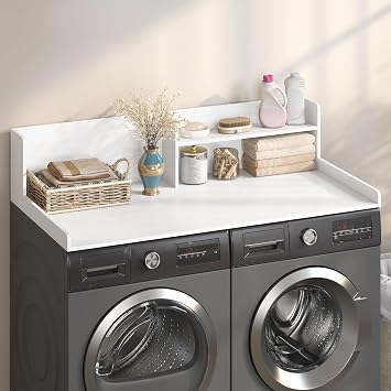 Washer Dryer Countertop - 2-Tier Wood 54" x 27.5" Laundry Topper with Safety Guard & Non-Slip Pads, Over the Washer Dryer Folding Shelf for Maximum Space Saving White