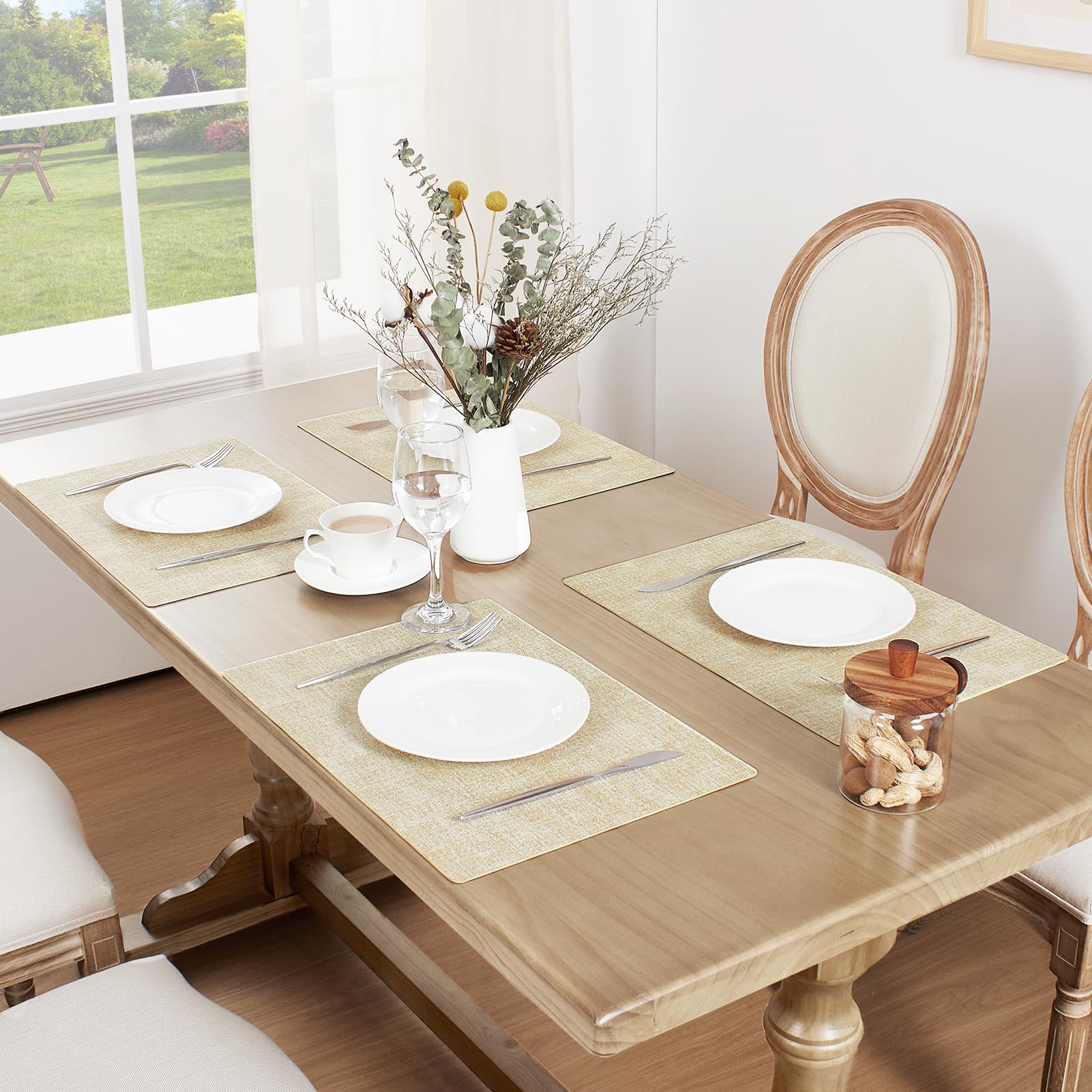 Softalker Faux Leather Placemats Set of 4-Vinyl Heat Resistant Place Mats, 100% Waterproof Oilproof Wipe Clean Table Mats for Indoor & Outdoor Use, 17’’×12’’, Beige