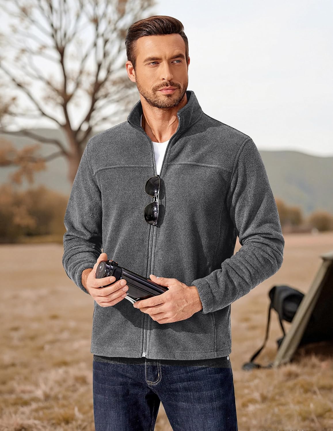 COOFANDY Lightweight Fleece Jacket Mens Full Zipper Winter Fleece Jacket Men Black Winter Jacket Men Medium Grey L