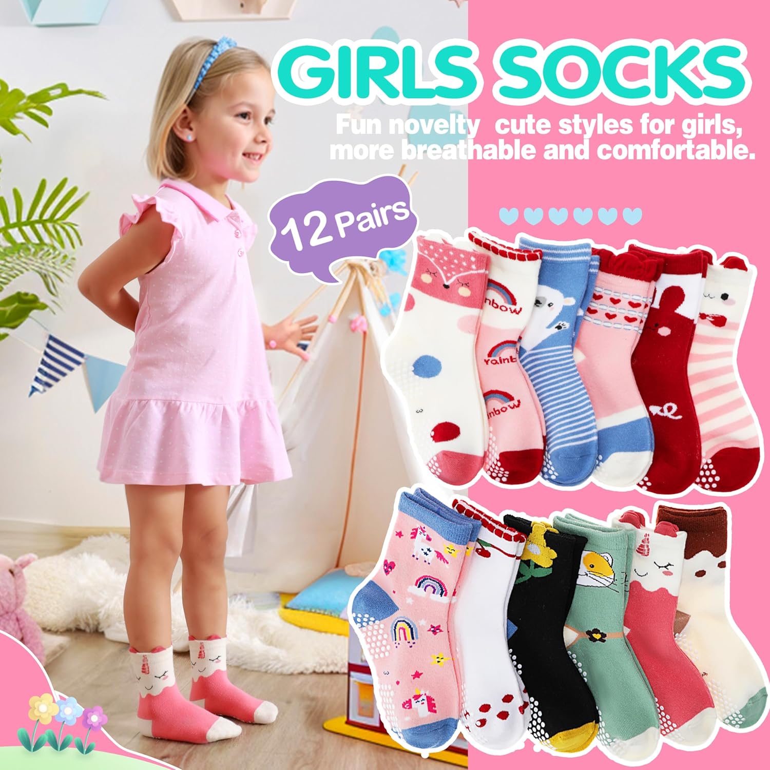 Baby Girls Toddlers Grips Socks 12 Pairs Kids Anti Slip Non Skid Animal Funny Cartoon Crew Breathable Cotton Socks - Image 2
