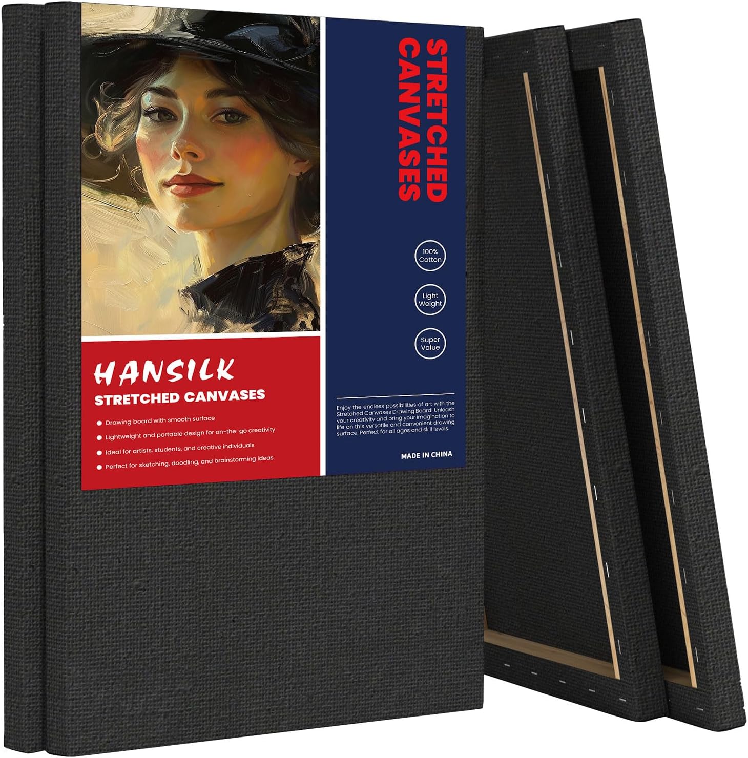 Stretched Canvases for Painting, 12x16 Inch Painting Supplies for Artists, Black Blank Canvas Pack, 4-Pack for Acrylic, Oil and Gouache Paints