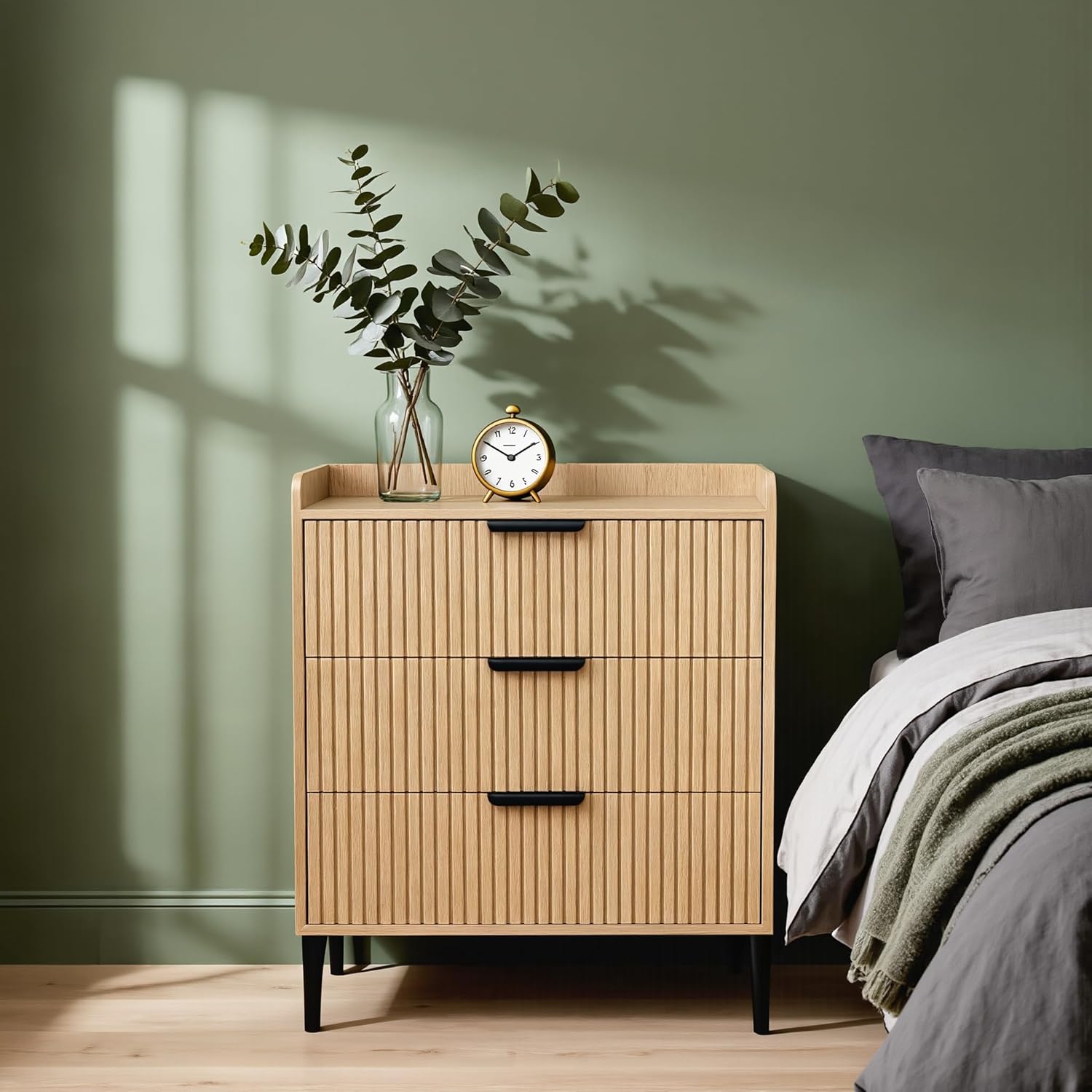 Modern Fluted Wood 3-Drawer Tall Nightstand, 30'' High Bedside Table for King or Queen Beds, Narrow Storage Cabinet for Bedroom, Black