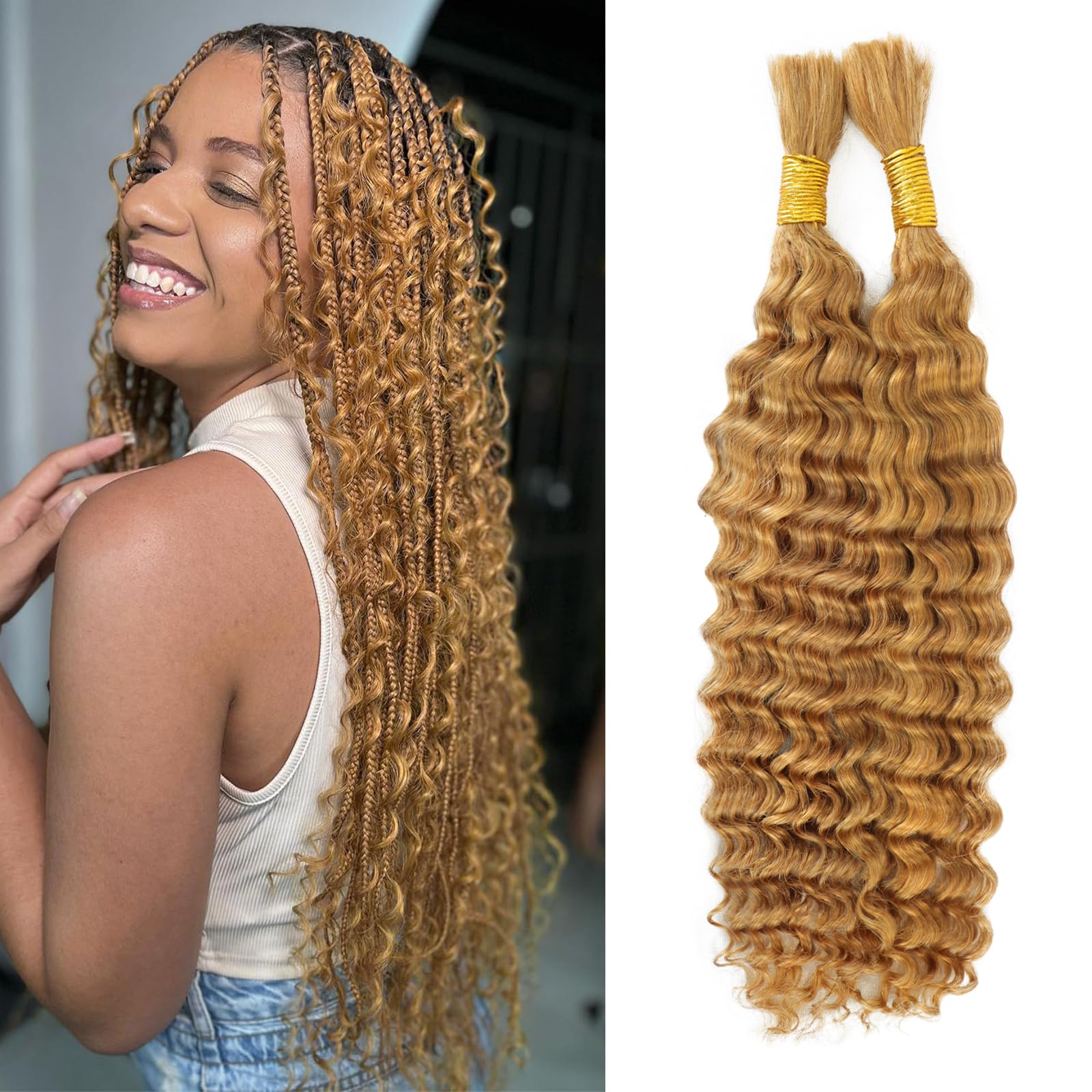 Honey Blonde Human Braiding Hair for Boho Braids Deep Wave Bulk 100g 20 Inch 2 Bundles/Pack No Weft Color 27# 100% Brazilian Extensions for Micro