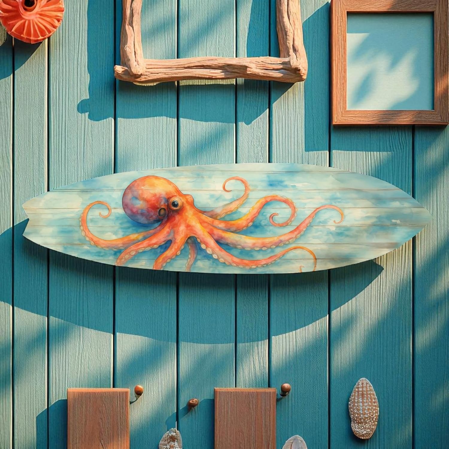 JennyGems Octopus Surfboard Wall Art – Coastal Nautical Decor, PVC Outdoor Beach Sign, Ocean Lover Gift, Octopus Decoration, 3 Foot