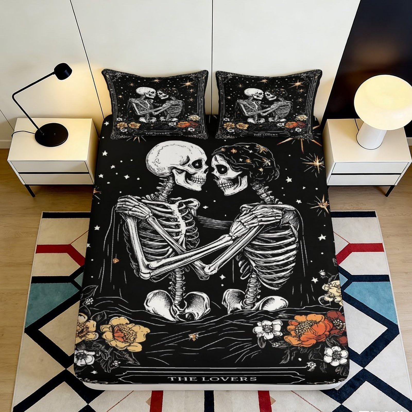 3D Printed Skeleton Couple Microfiber Deep Pocket Fitted Sheet Non-Slip Bedroom Bedding Skeleton Couple Mattress Fitted Cover for Adults 120x200x25cm