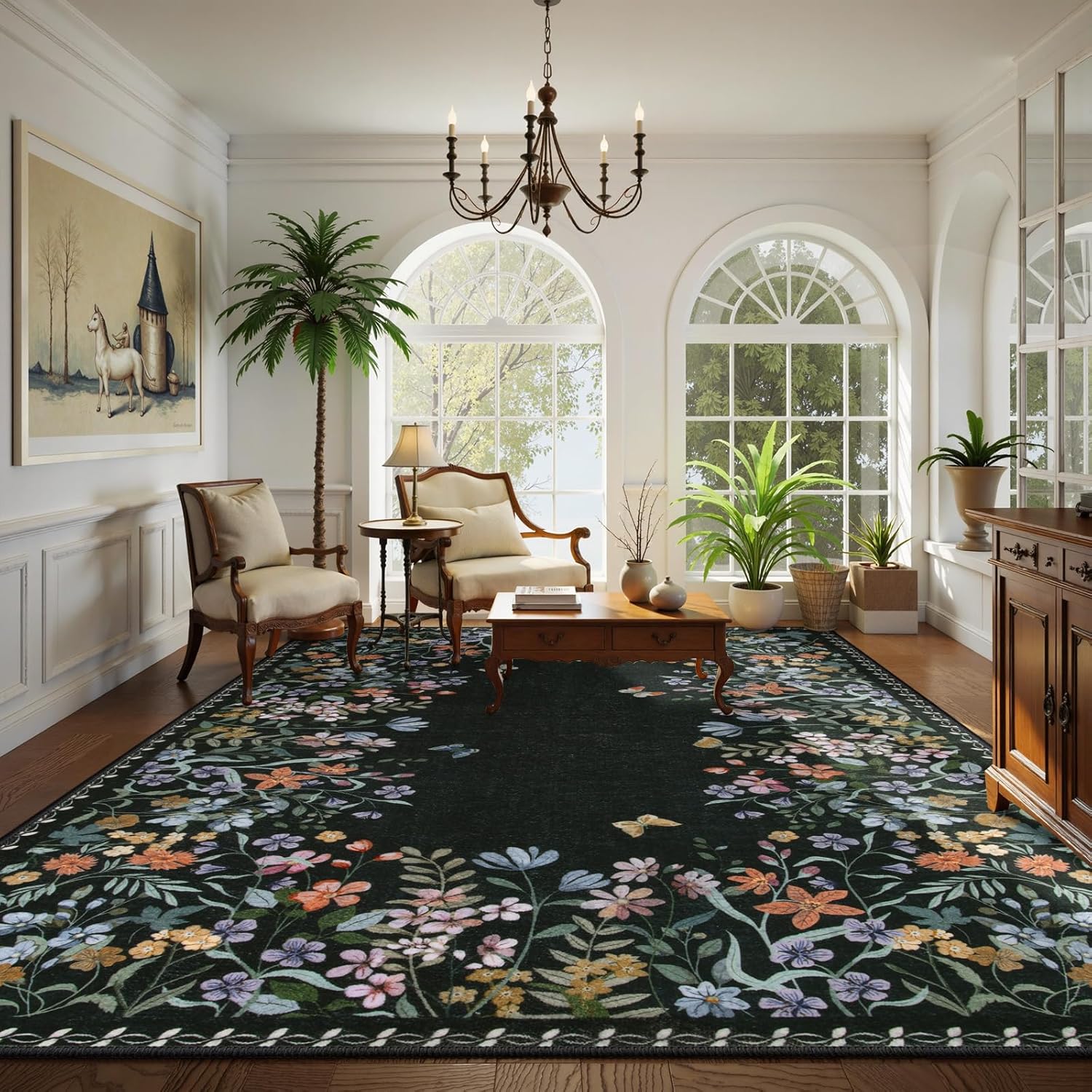 Lahome Boho Floral Black Washable 8x10 Area Rugs for Living Room, Non Slip Rugs for Bedroom, Indoor Throw Dining Room Carpet for Under Table Home Office Playroom(Black,8x10)