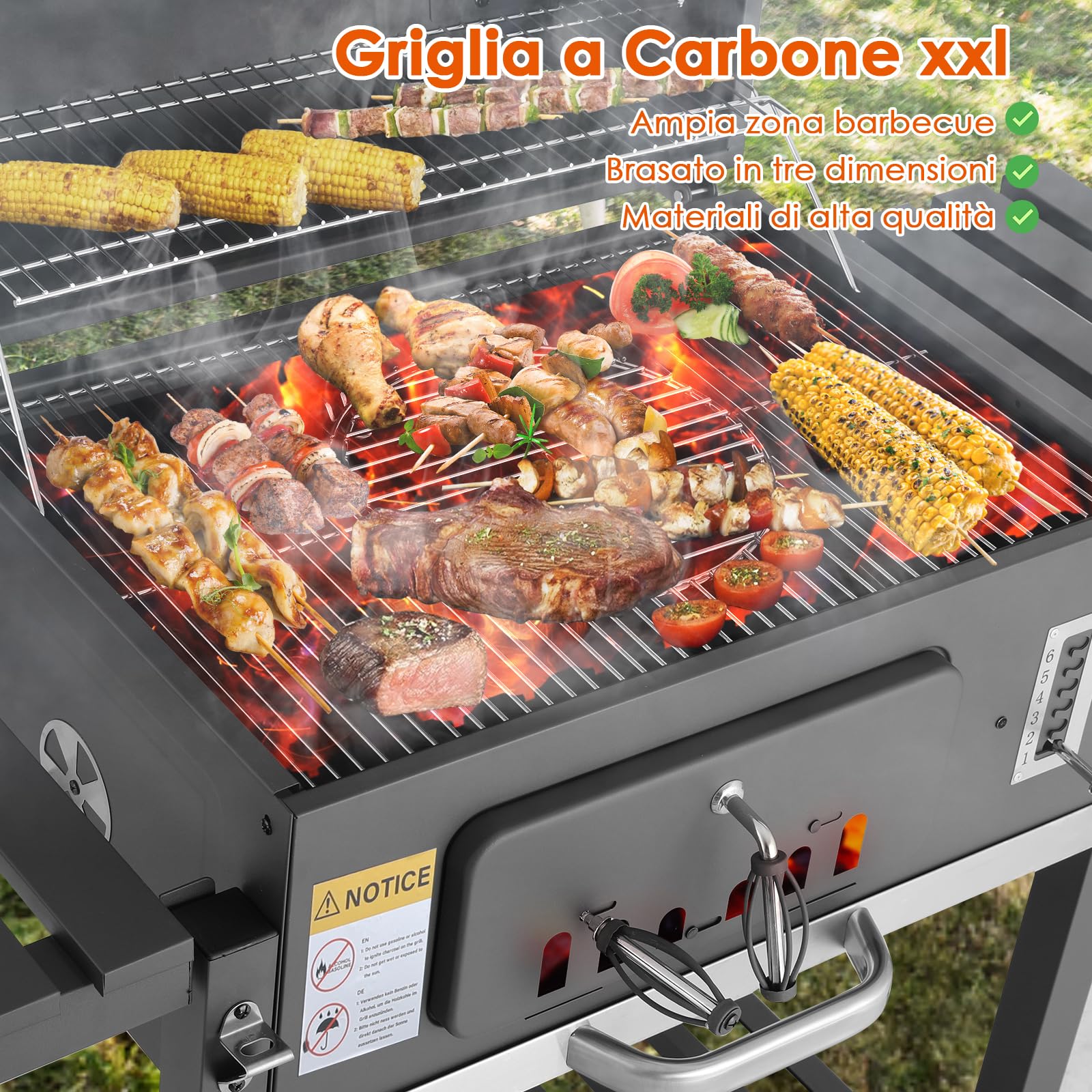 TLSUNNY Barbecue Carbonella, XXL Griglia per Barbecue con Coperchio, 2PCS Ruote, Camino, BBQ Carbonella in Giardino e all'aperto, Grande Capacità, Grigio, 152x136x60 cm, per 6-10 Persone