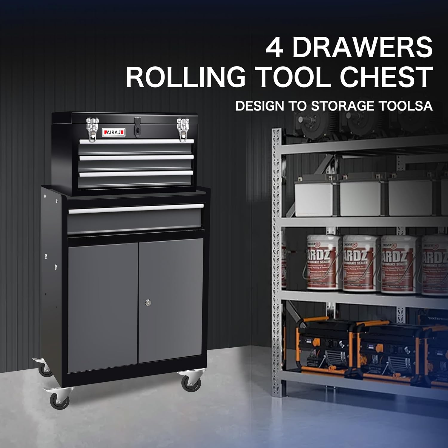 AIRAJ Rolling Tool Chest,Heavy Duty Metal Tool Box with 4Drawer & Locks &4 Swivel Casters (2 with Brakes),Tool Cabinet with Detachable Top Toolbox Suitable for Workshops,Warehouses,Repair Shops.Black
