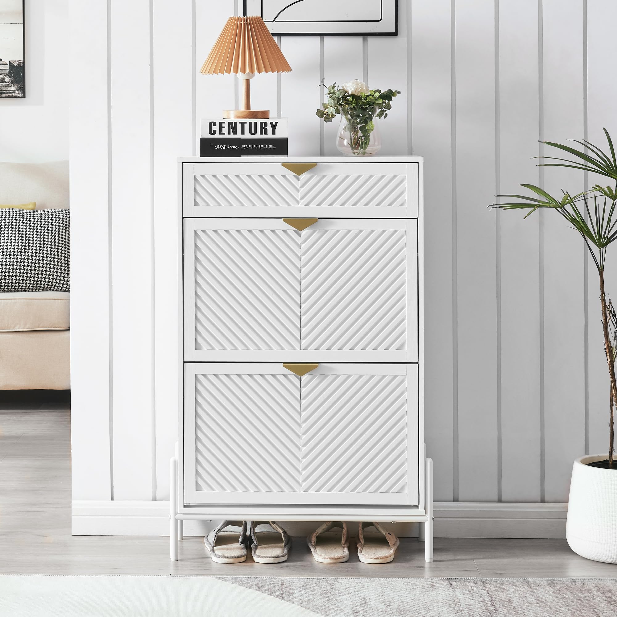 Armario Zapatero Estrecho 2 Cajones Abatibles Recibidor, Blanco | Veta madera inclinada, independiente, compartimentos ajustables, estante central extraíble, tiradores dorados, pasillo, hall