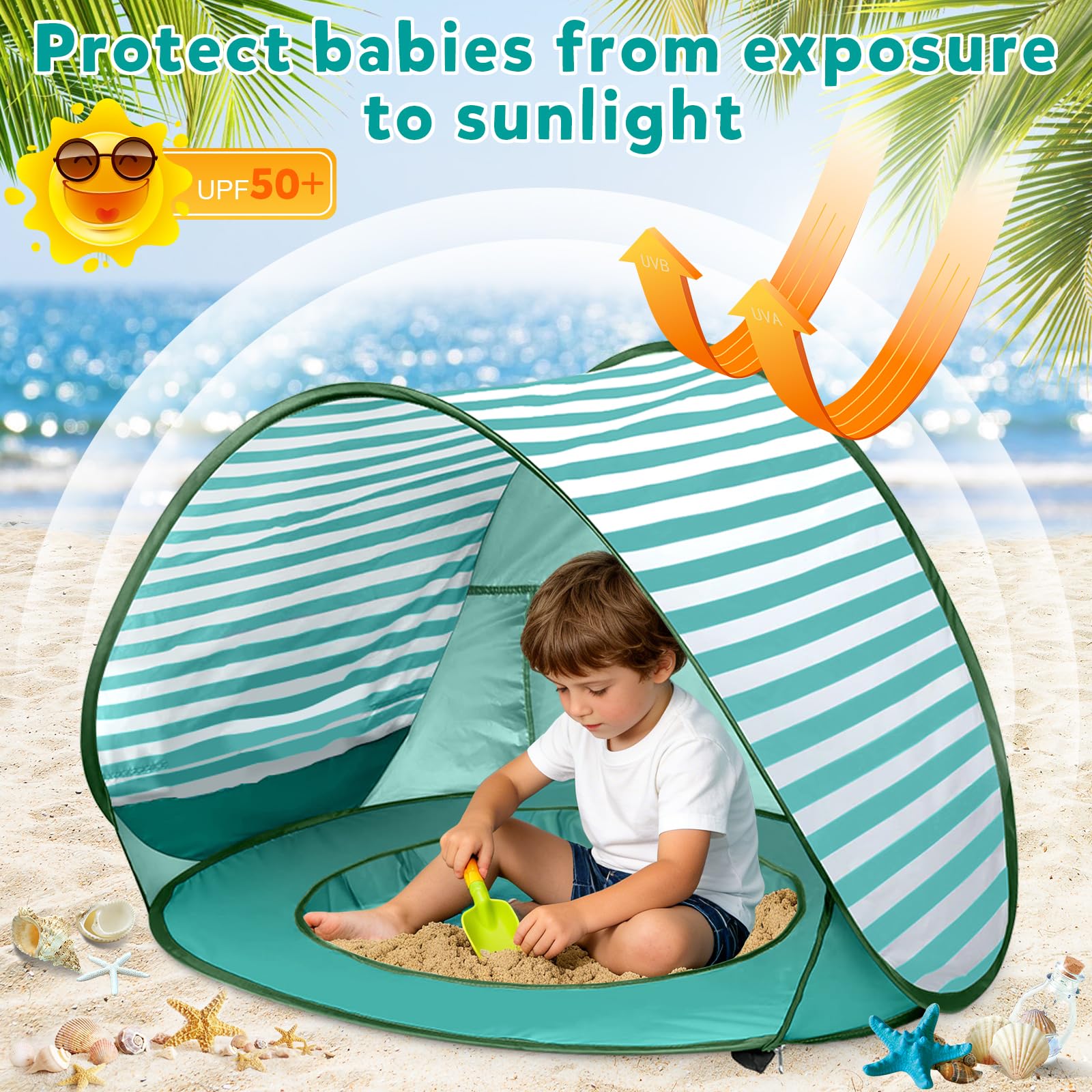 Tenda da Spiaggia Baby Pop Up, Tenda da Spiaggia con Mini Piscina, Protezione UV UPF 50+, Tenda da Spiaggia Portatile per Bambini per Spiaggia, Campeggio, Giardino, Sacchetto Inclusa