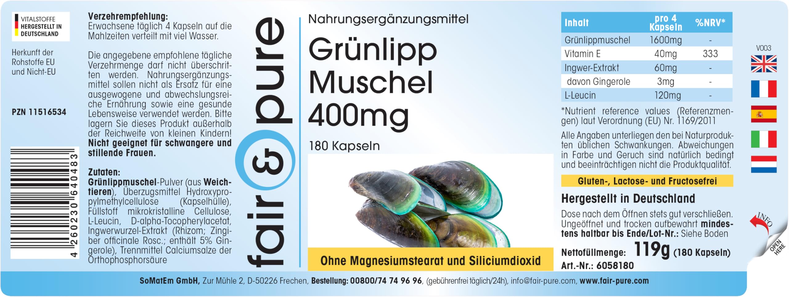 Fair & Pure® - Moule verte 400mg - poudre de moule verte de Nouvelle Zélande - 180 gélules de moule verte
