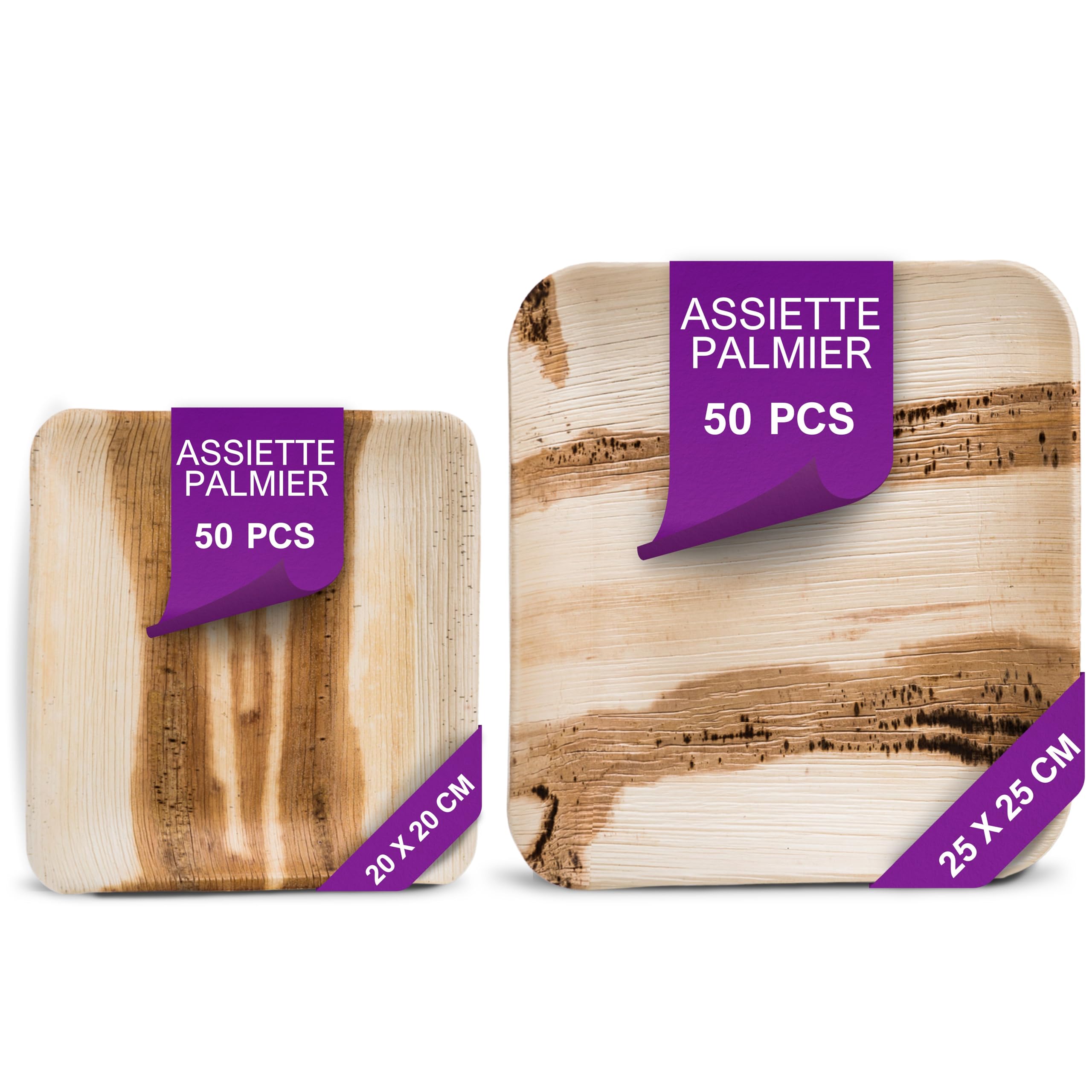 Set d'Assiettes Jetables en Feuille de Palmier - 50 pcs. Carrées 20x20 cm et 50 pcs. 25x25 cm