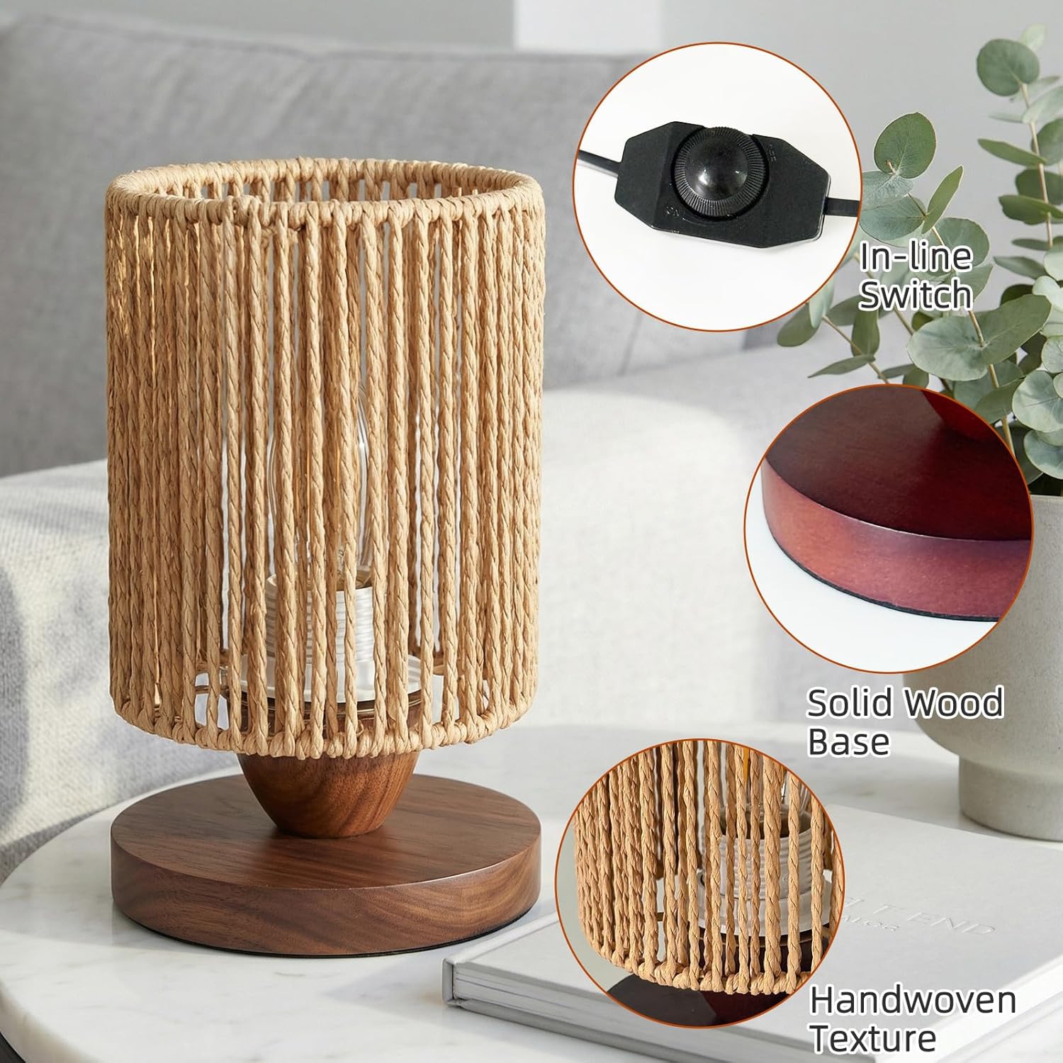 Smal Rattan Table Lamp,Dimmable Boho Bedside Lamp,Vintage Wicker Wooden Nightstand Ambient Nihgt Light,Handmade Bamboo Woven End Table Lamps for Room Bedroom Living Room Office Decor(Bulb Included)