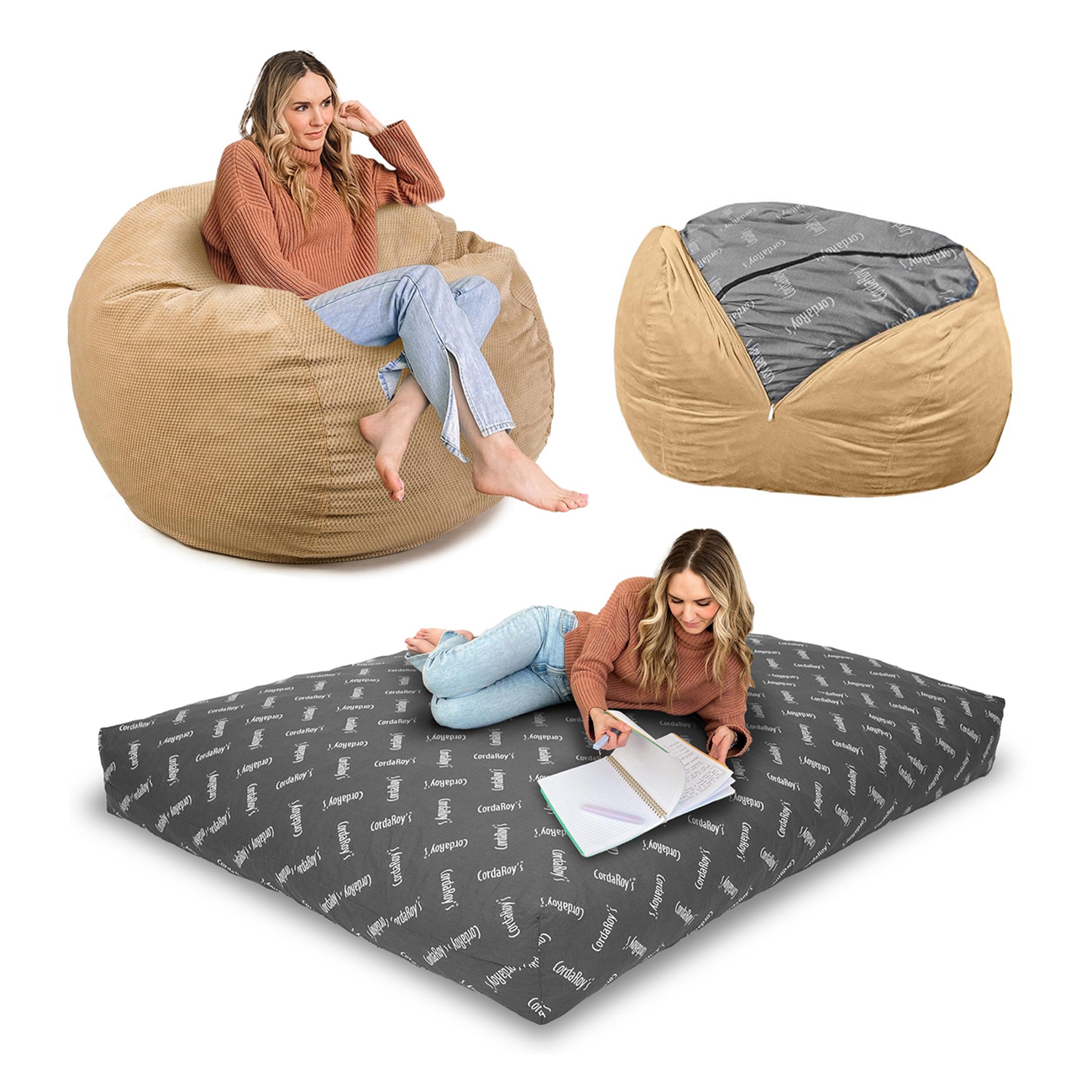 CordaRoy's Chenille Bean Bag-Convertible Bean Bag Chair-Machine-Washable Chenille Fabric Cover-for Basement,Living Room,Game Room,Dorm & More - Queen