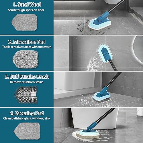 Miniatura 2 de JEHONN Tub Tile Shower Scrubber Brush with Telescopic 51 inches Long Handle, 4 Different Cleaning Heads for Bathroom Bathtub Sink Floor Wall
