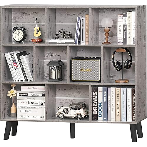 LEYAOYAO 10 Cube Bookshelf,3 Tier Modern Wide Bookcase with Legs,Mid-Century Wood Bookshelves Storage，Retro Grey Large Book Case,Freestanding Organizer Display Shelf for Bedroom,Living Room,Office