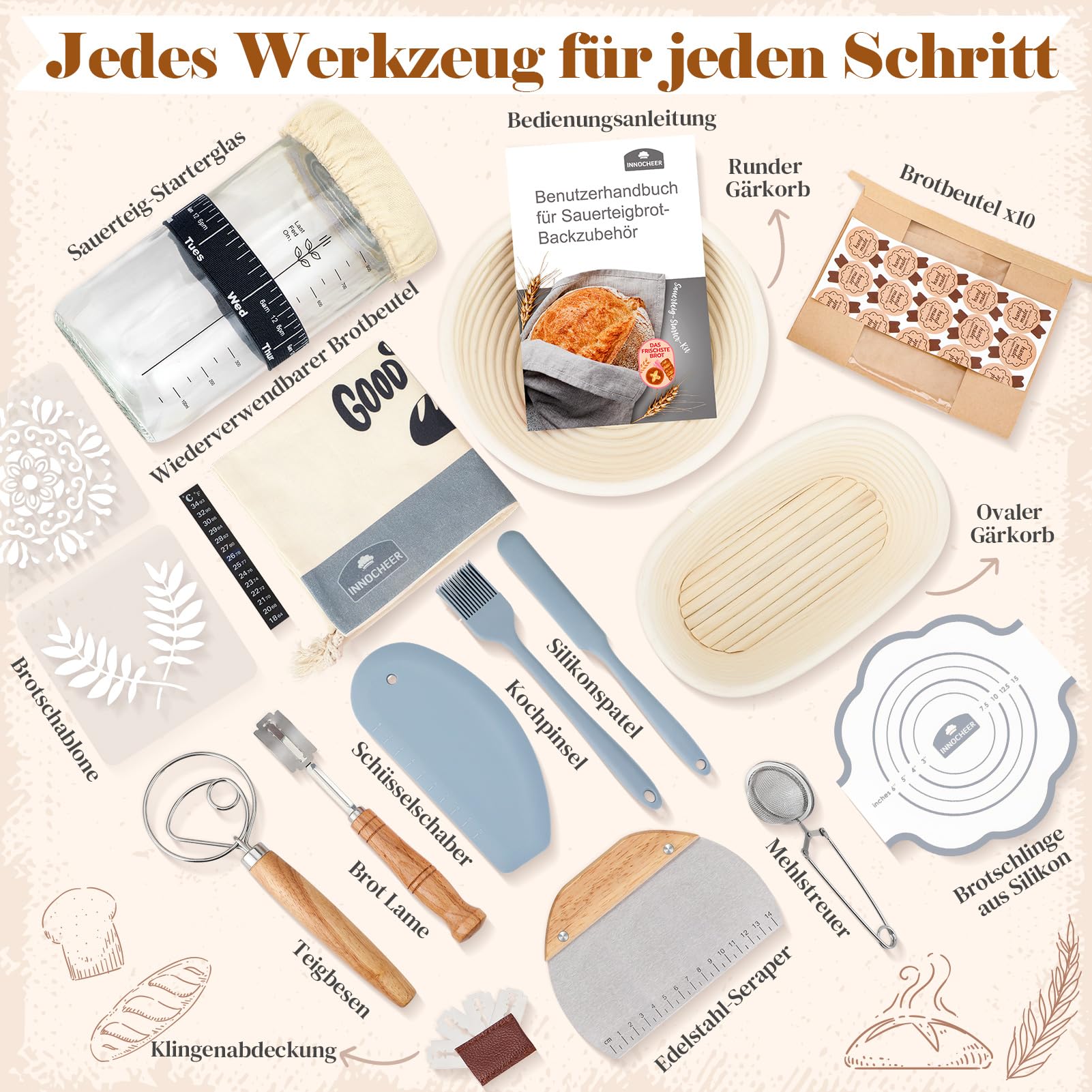 Gärkörbchen Für Sauerteig Starter Set, 25cm & 23cm Gärkorb Brot Backen, Sauerteig Starter Set Mit Sauerteig Starterglas, Brot Backen Startver Großes Geschenk Für Anfänger, Erfahrener Bäcker