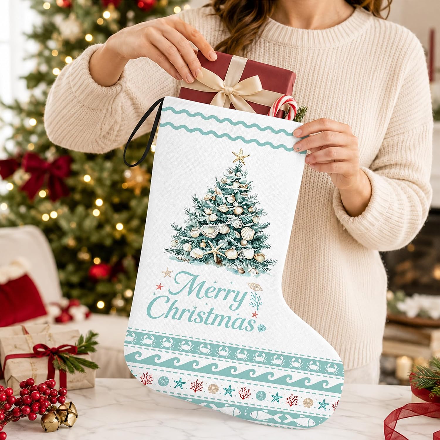 Coastal Xmas Tree Christmas Stockings, Beach Stockings for Christmas