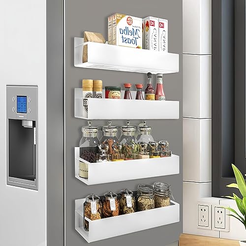 HETMI Paquete de 4 organizadores magnéticos blancos para especias para refrigerador, organizador magnético extraíble para especias para refrigerador