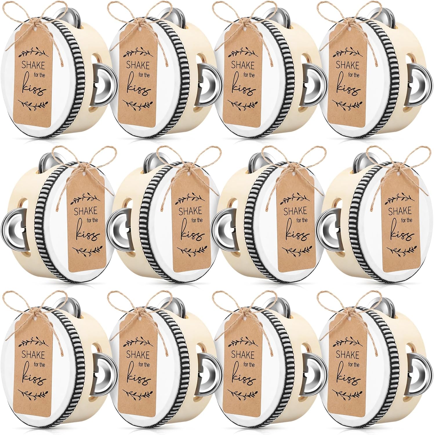 Boao 24 Sets 4 Inch Wedding Tambourines Bulk for Adults Wooden Hand Held Drum Metal Jingles with Tags Rope Percussion Gift Musical Instrument for Church Wedding Party Favor