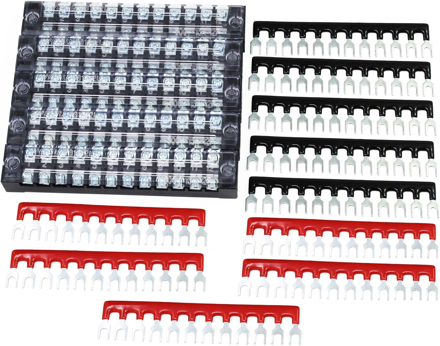 HSEAMALL 5 Sets Terminal Block 12Position 600V 15A Dual Row Screw Terminal Strip With 400V 15A Red and Black Insulated Terminal Barrier Jumper Strips