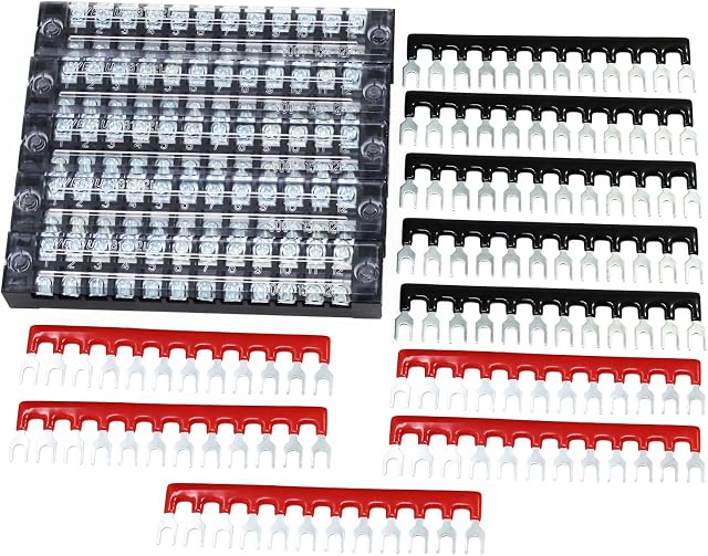 HSEAMALL 5 Sets Terminal Block 12Position 600V 15A Dual Row Screw Terminal Strip with 400V 15A Red and Black Insulated Terminal Barrier Jumper Strips
