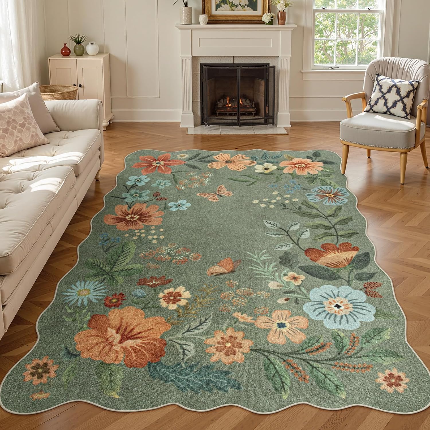 Lahome Floral Living Room Rugs, Area Rugs 5×7 Rug for Bedroom Ultra-Thin Soft Rug, Non-Slip Washable Rugs Stain Resistant Boho Low-Pile Throw Carpet for ‎Dining Room Office (5x7ft,Green)
