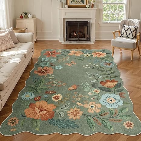 Lahome Floral Living Room Rugs, Area Rugs 5x7 Rug for Bedroom Ultra-Thin Soft Rug, Non-Slip Washable Rugs Stain Resistant Boho Rug Low-Pile Throw Rug for Dining Room Office (5x7ft,Green)
