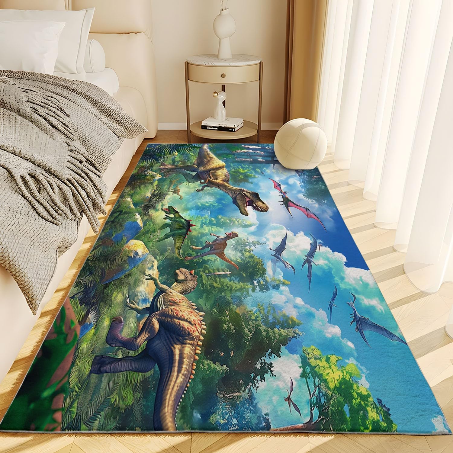 Grüner Dinosaurier Wald Teppich 80x150 cm für Wohnzimmer & Schlafzimmer, Waschbar in Waschmaschine, Weicher Kurzflor Teppich für Kinderzimmer