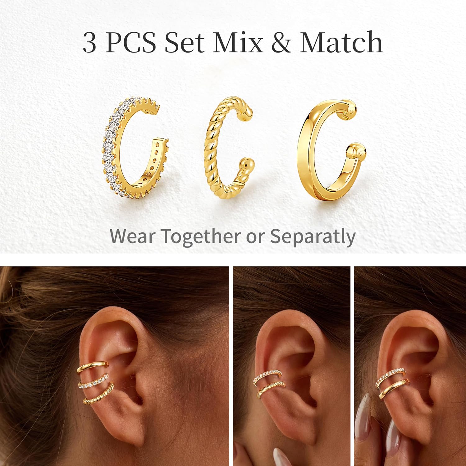 Gold Ear Cuff for Women, 14K Gold Plated CZ Cartilage Cuff | Non-piercing ear cuff with sparkling cubic zirconia. Lightweight stackable jewelry for everyday styling