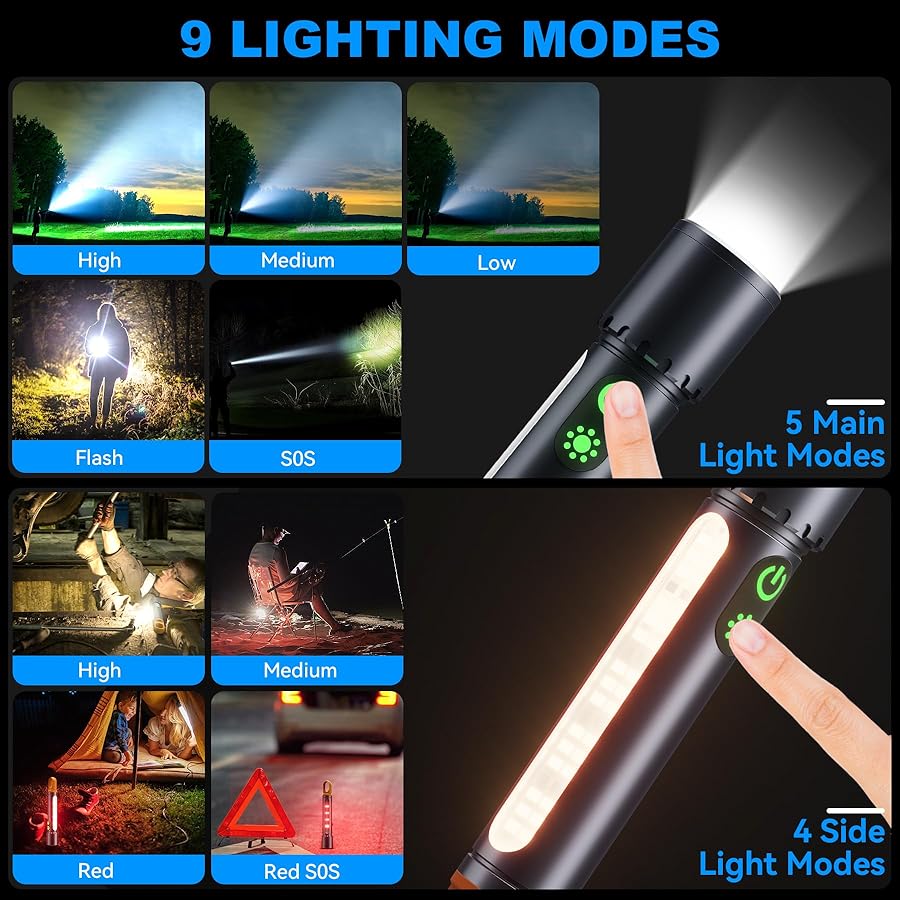 ADDplus Magnetic Flashlight Rechargeable,5000mAh Flashlights High Lumens with 9 Modes,Waterproof, Adjustable,Powerful Flash Light,Emergency Multi-Flashlights for Home,Car,Hiking,Camping (1, Black) - image 3