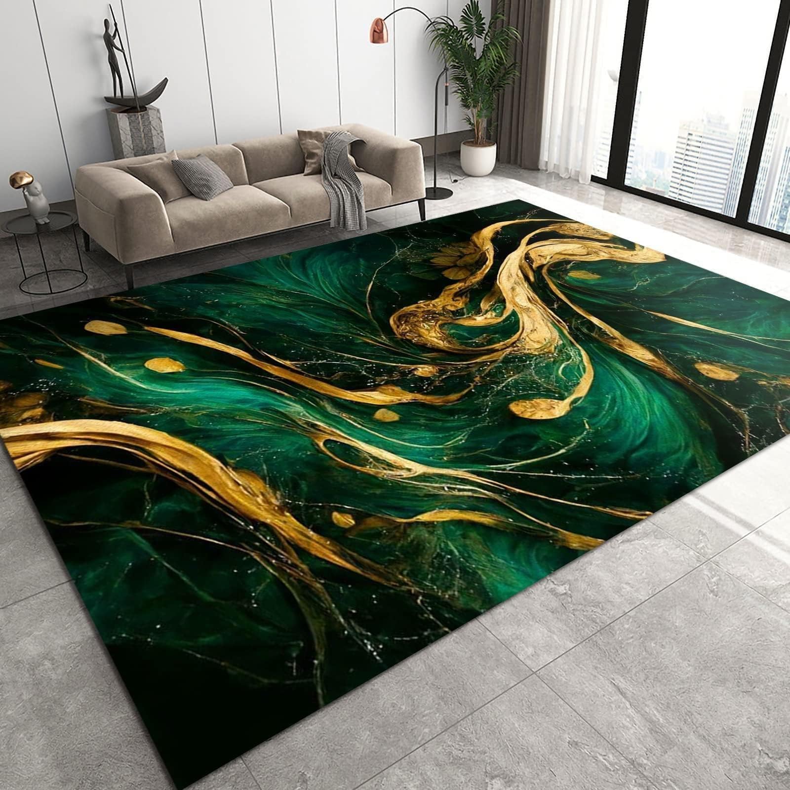Emerald Green Marble Area Rug, Fantasy Golden Line Striped Soft Washable Rug, Anti-Slip Backing Decorative Rug for Living Room Bedroom Kitchen Dining Room Home Rug Laundry Room Rug 5ftx7ft