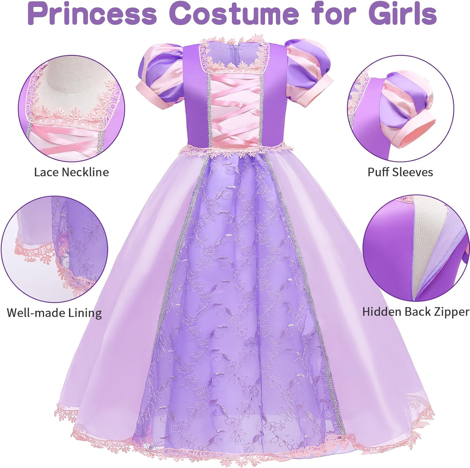 G.C Girls Princess Dress Costume with Wig Toddler Princess Dress Up Clothes Kids Crown Wand Halloween Cosplay Birthday Gifts - Image 3