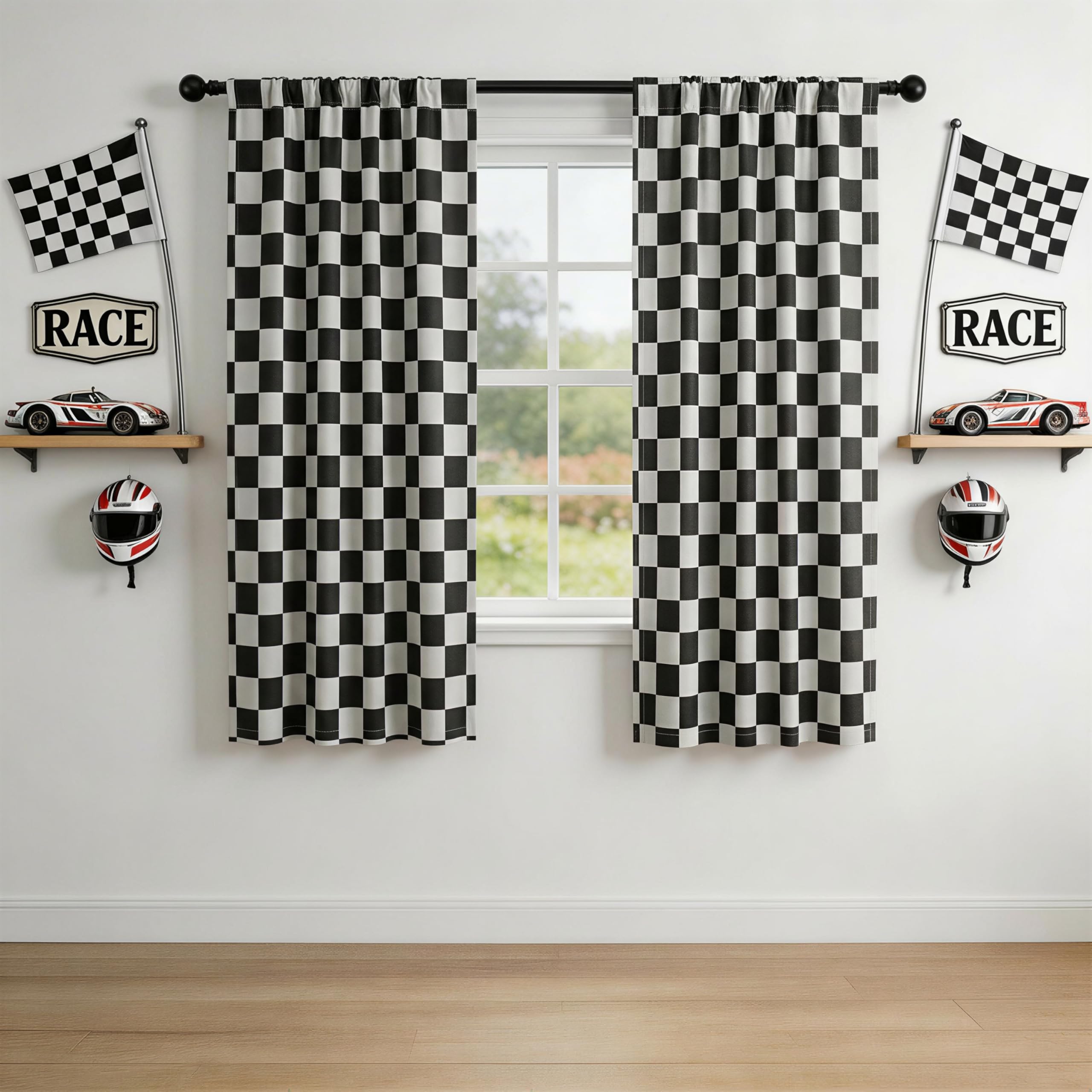 BOHOMOCASA Rod Pocket & Back Tab Checkered Curtains, 100% Blackout, Race car Flag Checkerboard Curtains, Thermal Insulated, Noise Reducing, 3-inch Checkered, 2 Panels, Each W42รL63 โ image 1