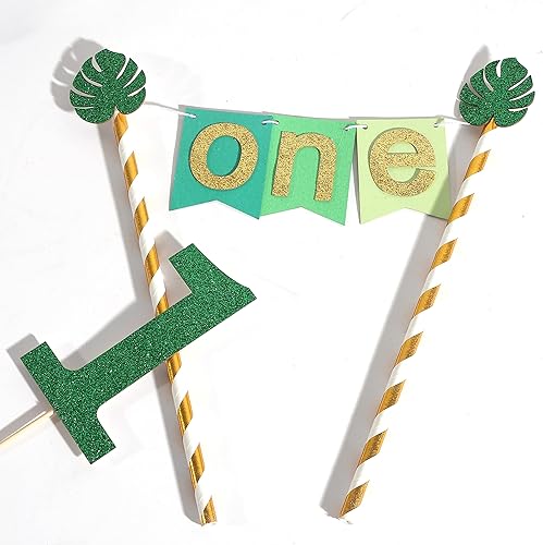 Miniatura 2 de Wild One Jungle Safari - Decoración para pastel de primer cumpleaños, purpurina dorada y verde, accesorios para tartas