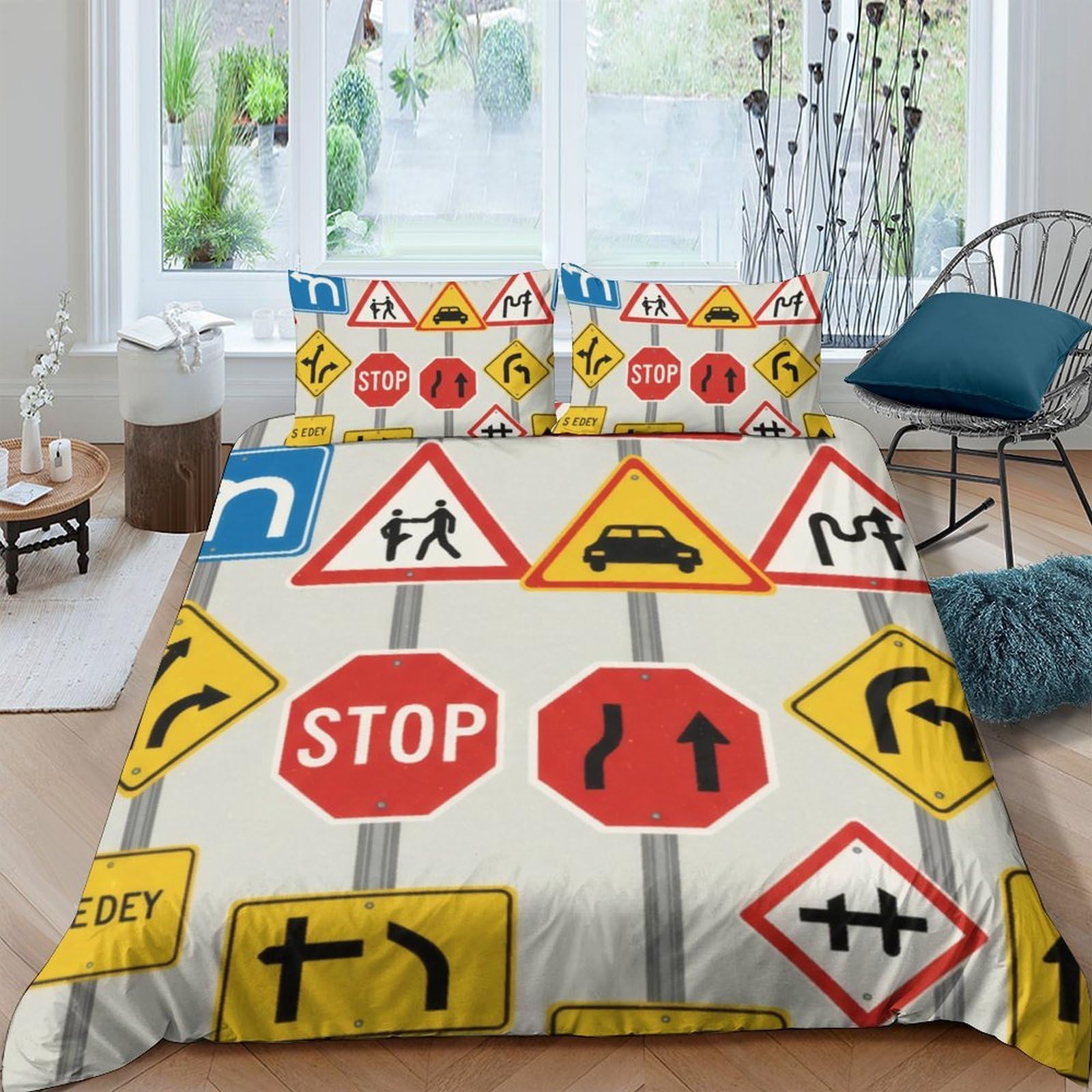 Ctjqhvkz Style-2 3D Printed Road Sign Fitted Sheet Microfiber Soft Bedroom Decor Traffic Symbol Mattress Cover Anti-Slip Washable Single（135X200cm）