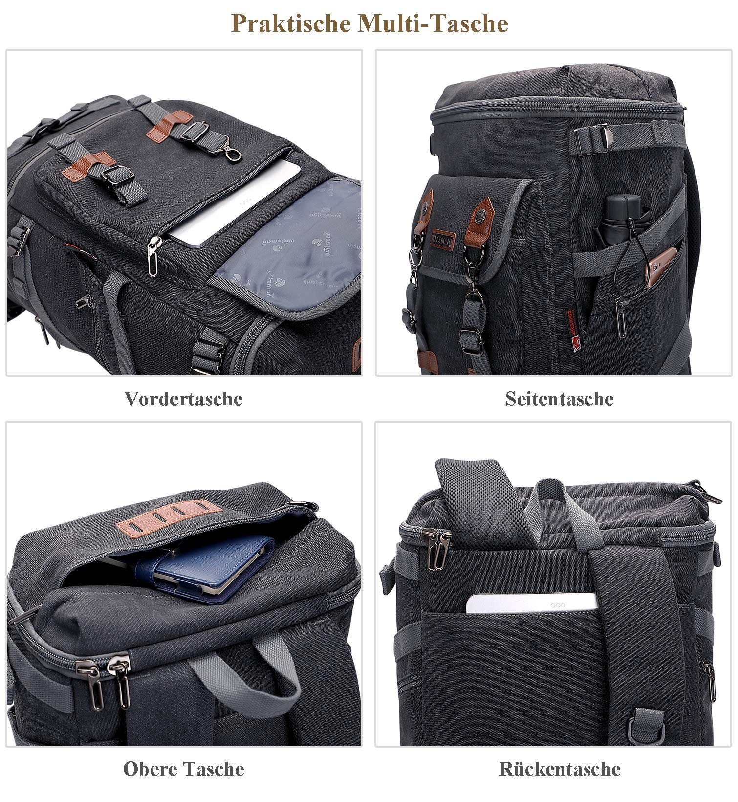 WITZMAN Canvas Reiserucksack Herren mit 16-Zoll-Laptopfach und Schuhfach | Großer Stauraum, Mehrere Fächer und Umwandelbare Reisetasche, Ideal für Reisen, Arbeit und Kurztrips, A568 Schwarz