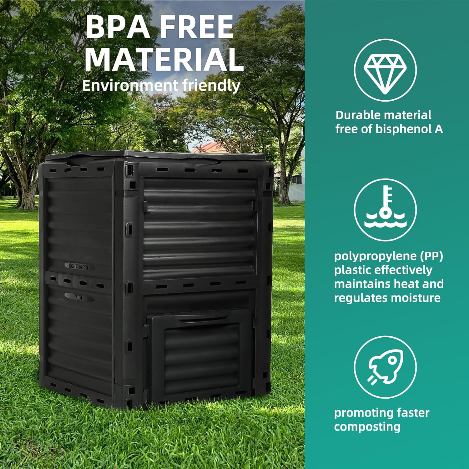 80 Gallon Large Compost Bin Outdoor - 300L High Capacity Composter with Top Flip Latch Lid - BPA-Free Heavy Duty Garden Waste Bin for Kitchen Scraps & Yard Waste - Easy Assembly, Black