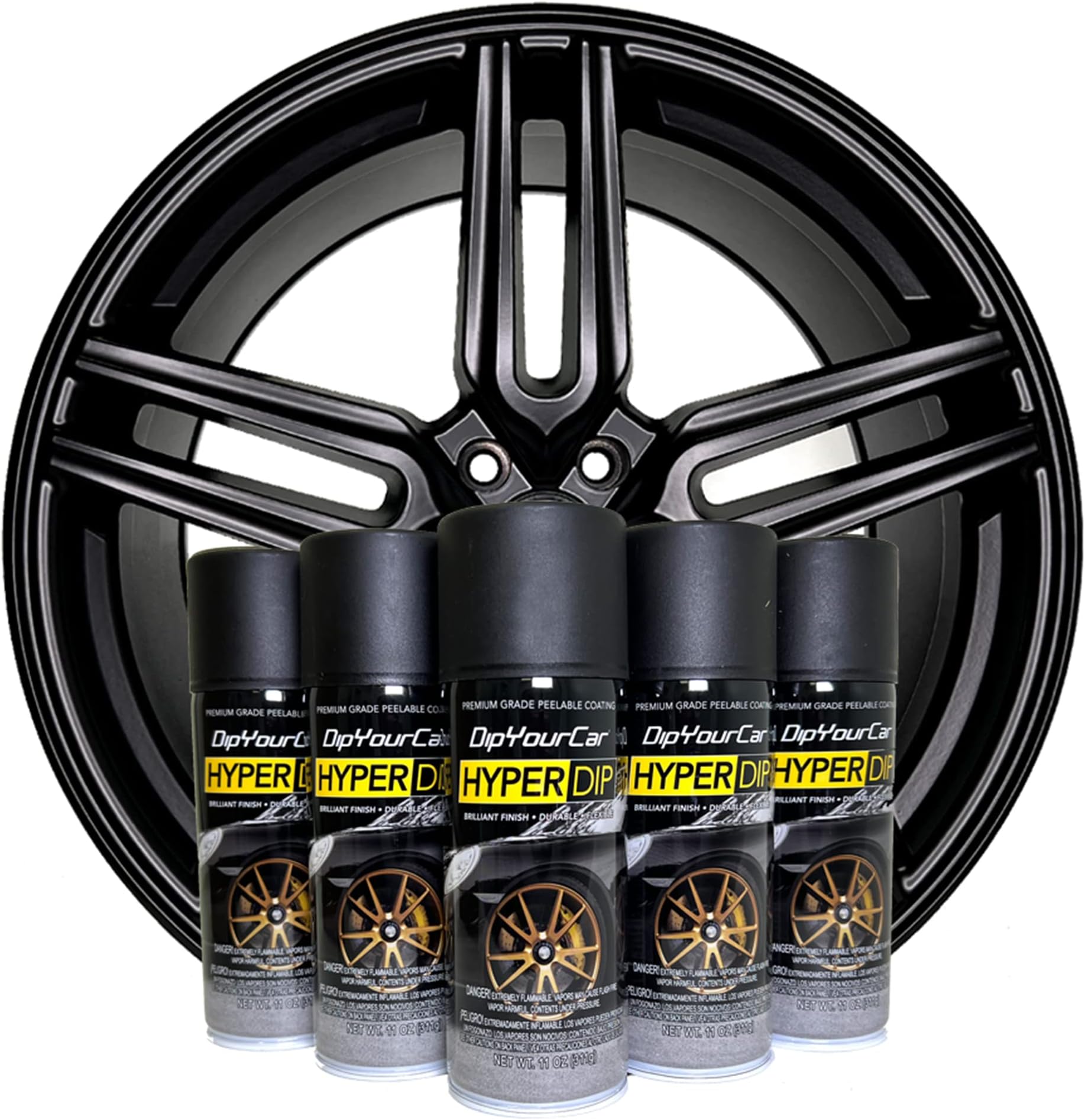HyperDip Wheel Paint Kit, DIY Set of Rim Paint, Sprayable Automotive Dip Coat, Peelable Protection for Car Rims, Metallic Satin Coat Spray - (Shadow Black)