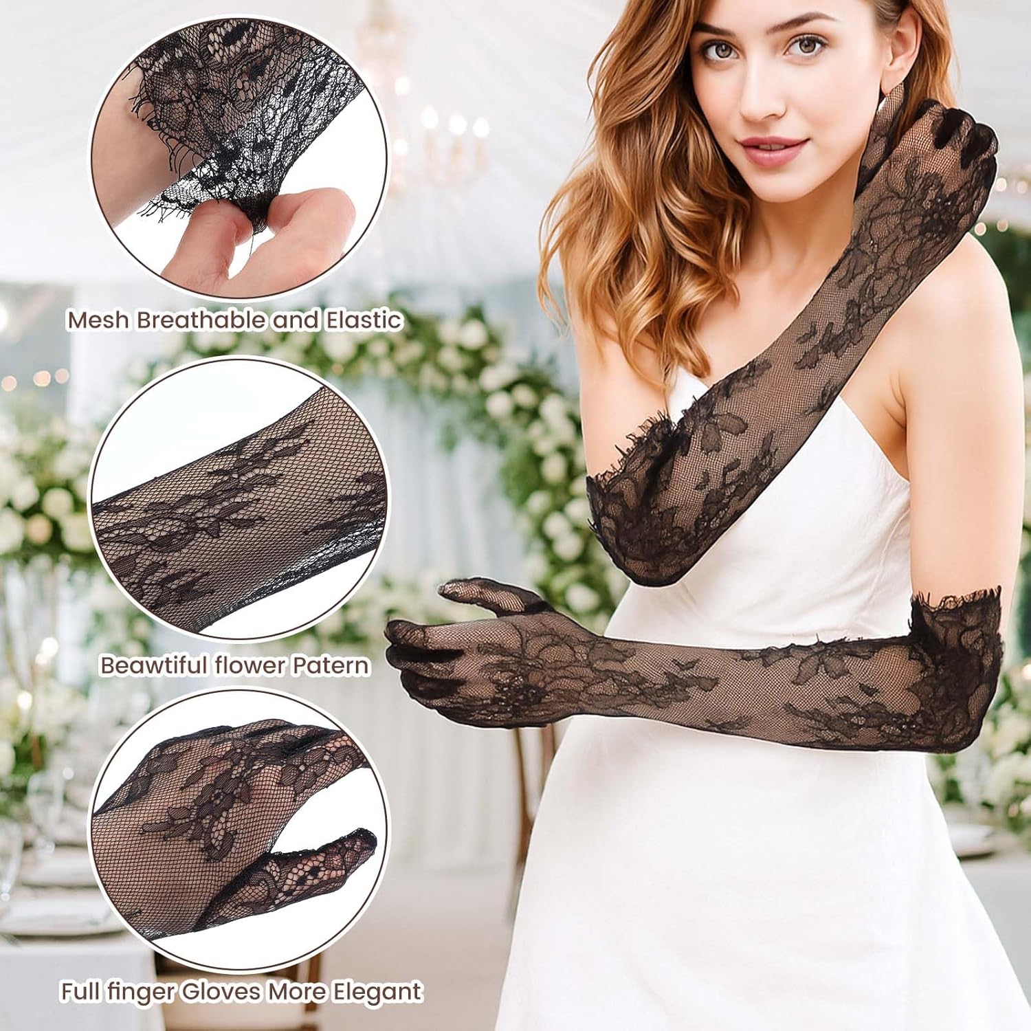 Lace Gloves Women Long Floral Elbow Length Mesh Tulle Sheer Opera Gloves Tea Party Wedding Bridal Party Cosplay - Image 3